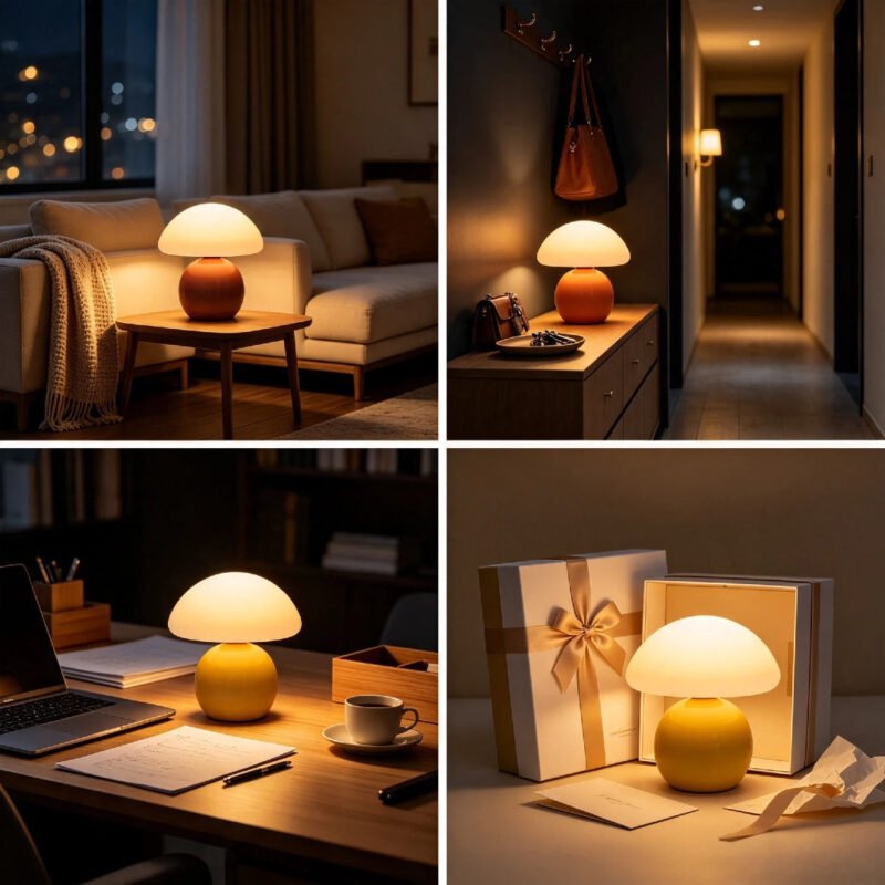 small ceramic mushroom lamp multi‑scene collage, living room bedroom desk gift application display