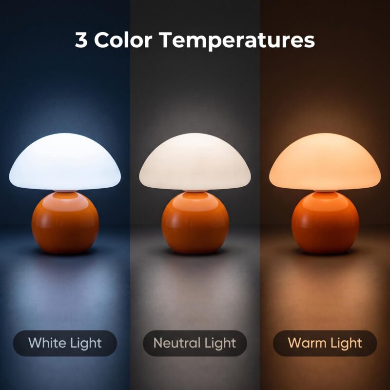 Small ceramic mushroom lamp with 3 color temperature modes, white neutral warm light display