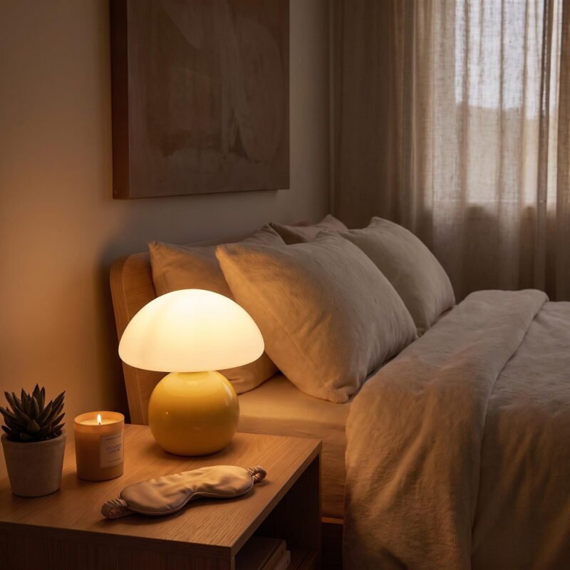 small yellow ceramic mushroom lamp lit on wooden nightstand, cozy warm bedside lamp for bedroom decor