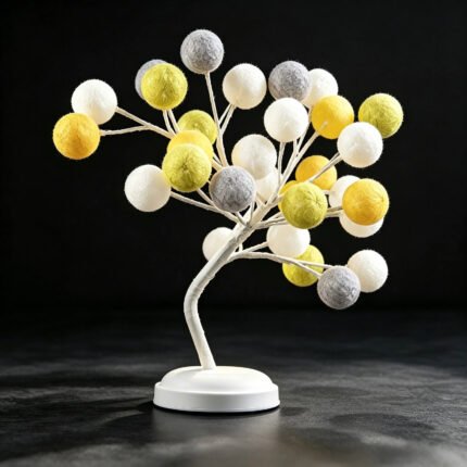 Kapok tree lamp in off state, no glow, cotton ball bulbs on dark black background, home decorative bedside tree light