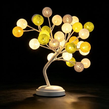 Kapok tree lamp with glowing cotton ball bulbs, lit‑up state on pure black background, decorative bedside tree light for home decor