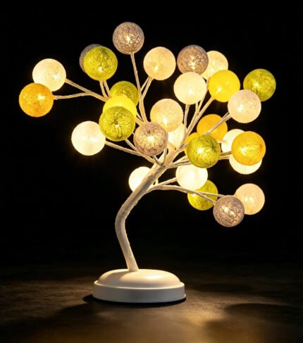 Kapok tree lamp with glowing cotton ball bulbs, lit‑up state on pure black background, decorative bedside tree light for home decor