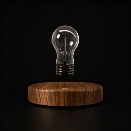 Floating levitating bulb lamp, unlit clear Edison bulb on wood base
