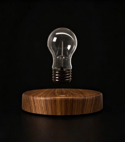 Floating levitating bulb lamp, unlit clear Edison bulb on wood base