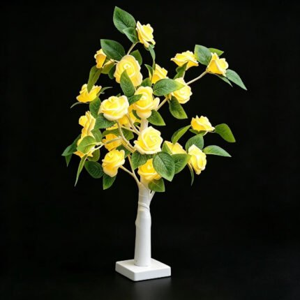 Yellow rose tree lamp, unlit artificial rose flower tree table decor, home ornament