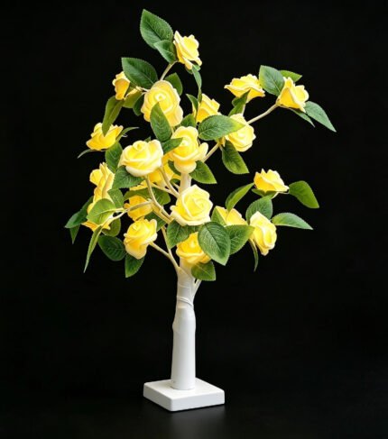 Yellow rose tree lamp, unlit artificial rose flower tree table decor, home ornament