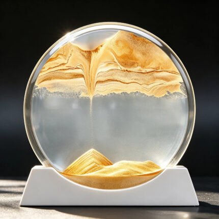 Round hourglass lamp in off state with golden flowing sand art, clear glass circle on white base, decorative desk ornament