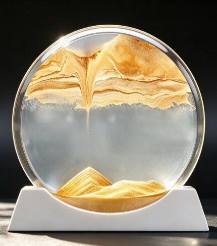 Round hourglass lamp in off state with golden flowing sand art, clear glass circle on white base, decorative desk ornament