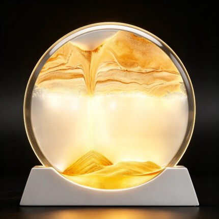 Round hourglass lamp turned on with warm LED glow, golden sand painting backlit, ambient night light for bedroom