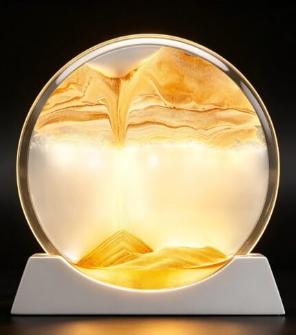 Round hourglass lamp turned on with warm LED glow, golden sand painting backlit, ambient night light for bedroom