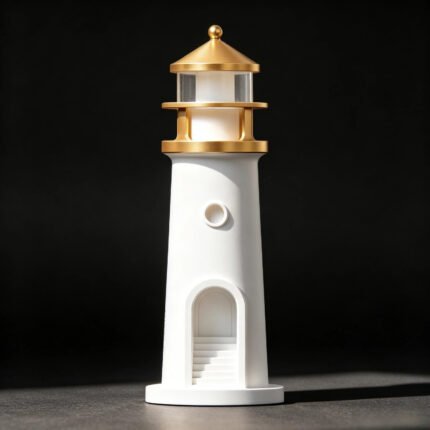 Lighthouse lamp turned off, white body with gold top decorative lighthouse night light, coastal home decor table ornament