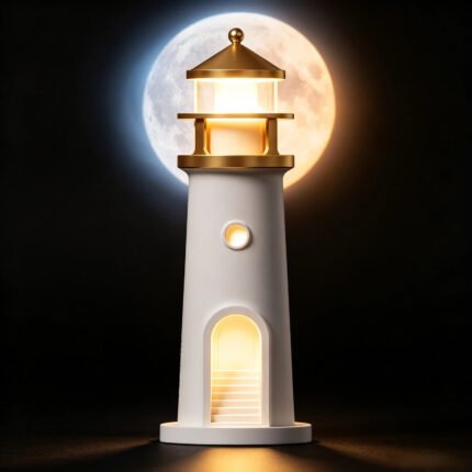 Lighthouse lamp, decorative warm LED night light, white lighthouse table lamp glowing against full moon dark night background for home ambiance decor