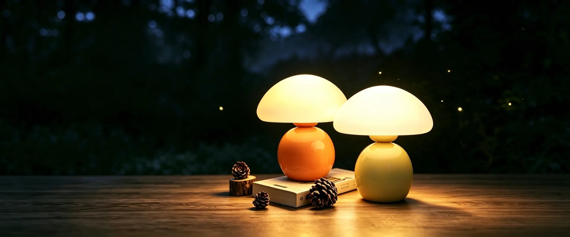 Mushroom night light table lamp banner, two mushroom lamps glowing on wooden table at night