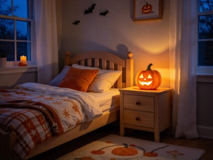 Cozy Halloween bedroom decor with glowing jack-o-lantern on wooden nightstand