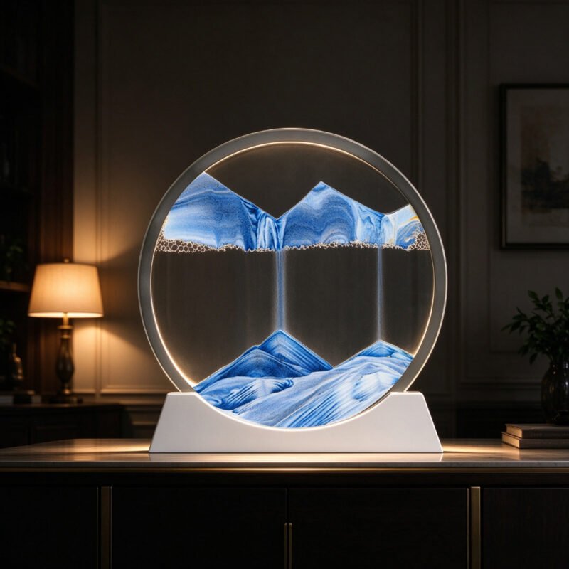 Hourglass lamp displayed on entryway console table