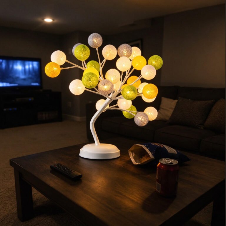 Glowing kapok tree lamp on coffee table in living room
