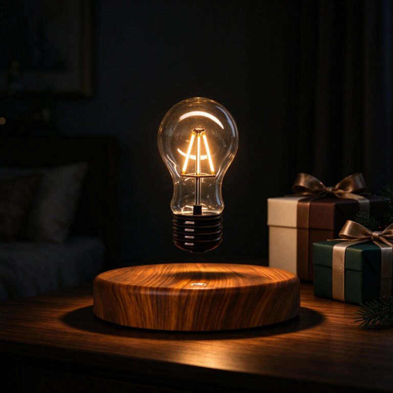 Glowing levitating light bulb lamp with gift boxes