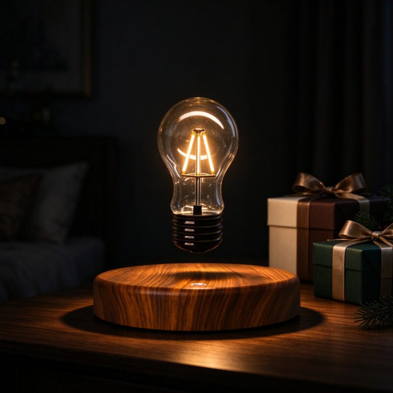 Glowing levitating light bulb lamp with gift boxes