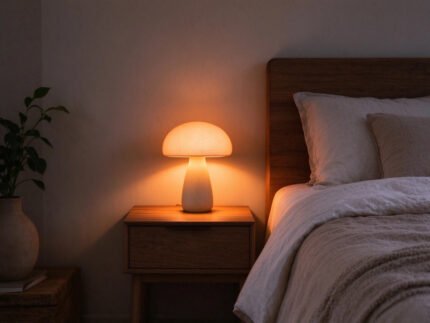 Mushroom bedside lamp with soft warm glow on bedroom nightstand at night
