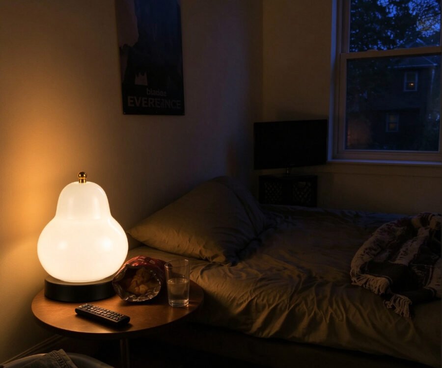 Glowing pear lamp in bedroom