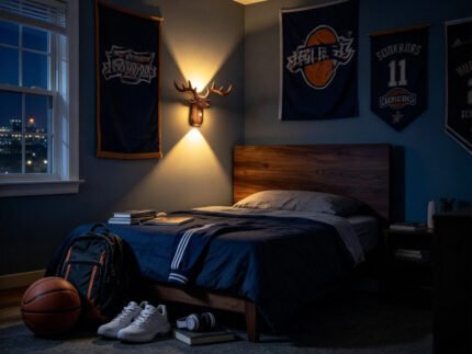 Sports themed teen bedroom with deer head wall sconce lighting