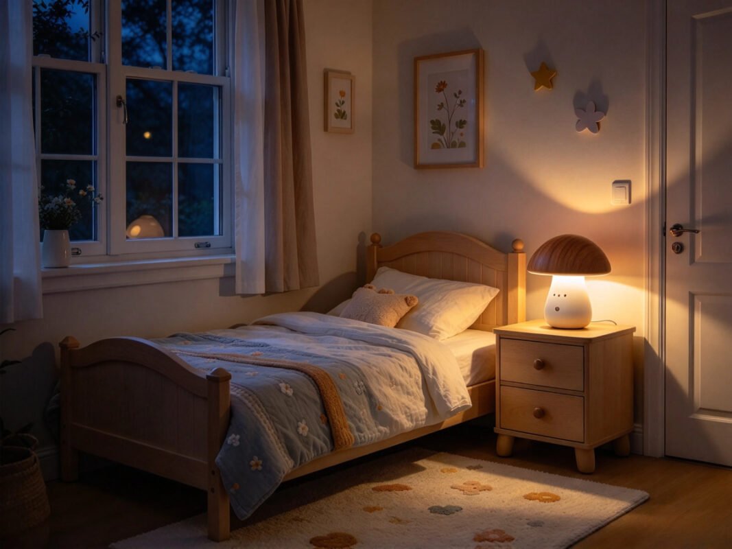 Wooden mushroom night light on bedside table in cozy European bedroom at night, soft warm lighting