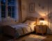 Wooden mushroom night light on bedside table in cozy European bedroom at night, soft warm lighting
